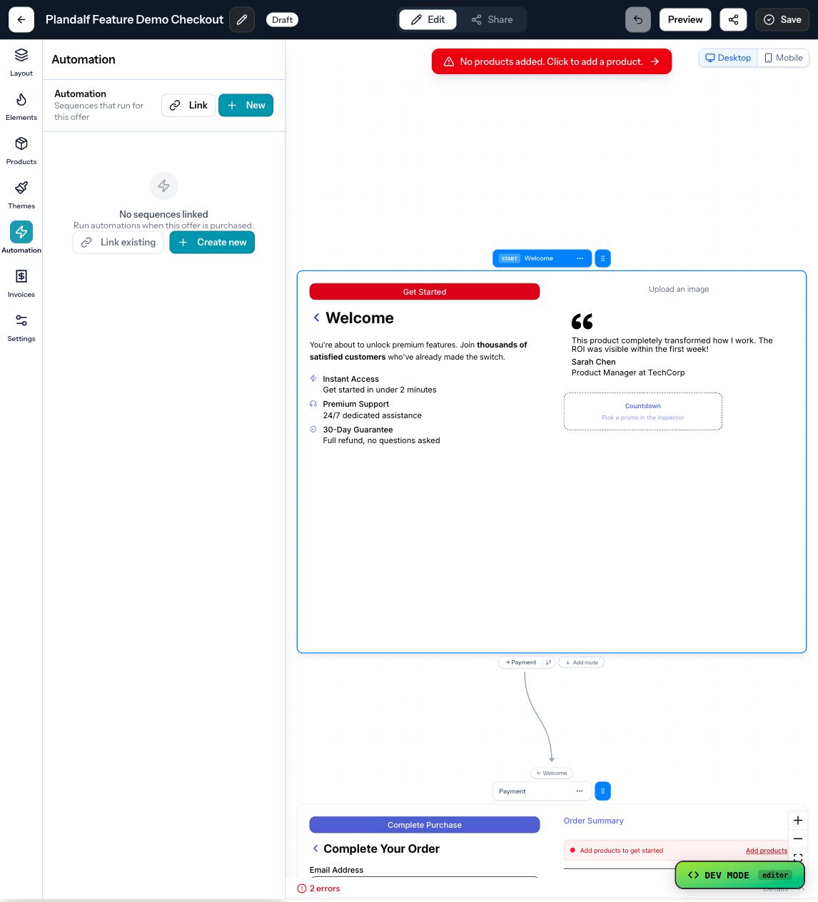 The Numi offer editor automation tab showing sequence controls beside the checkout canvas.