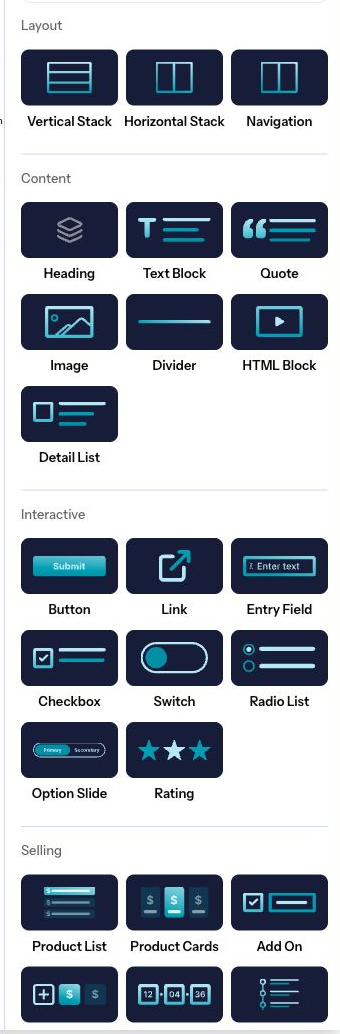 The Numi checkout elements palette showing content, interactive, and selling blocks.