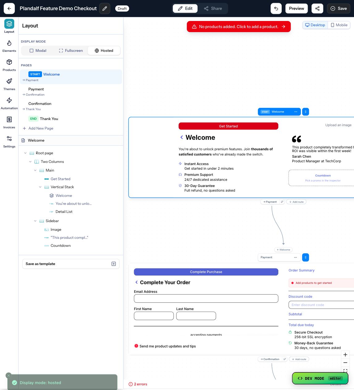 The Numi offer editor showing hosted checkout mode controls.