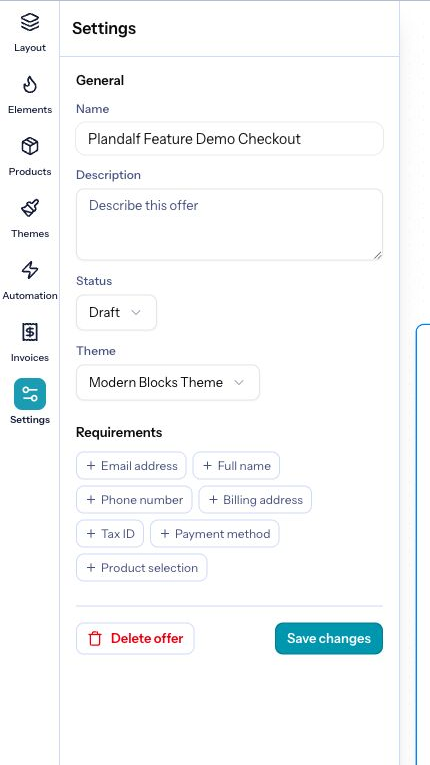 The Numi offer settings controls for checkout, payment, invoice, and offer configuration.
