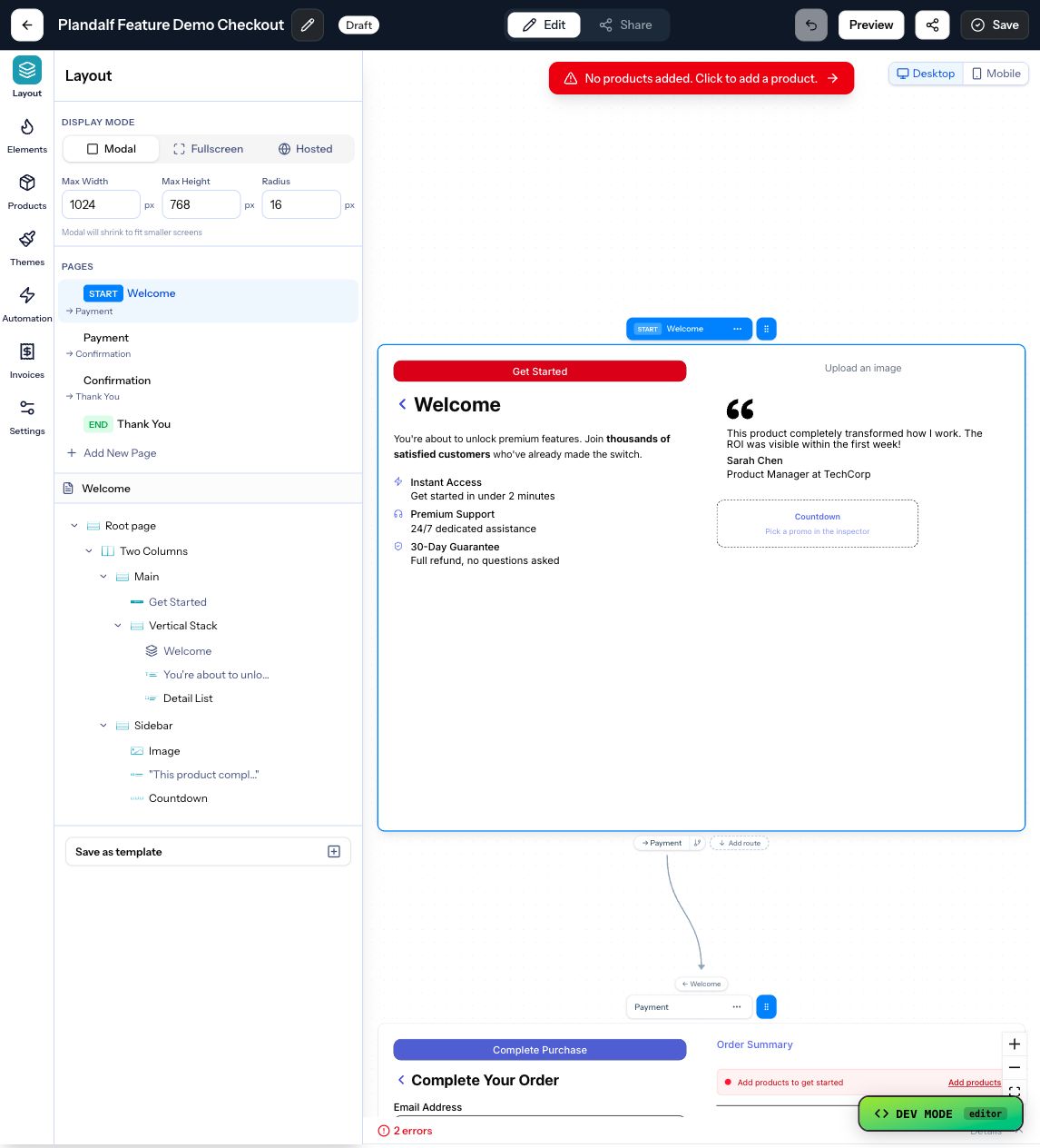 The Plandalf offer editor showing a checkout flow layout and product offer controls.