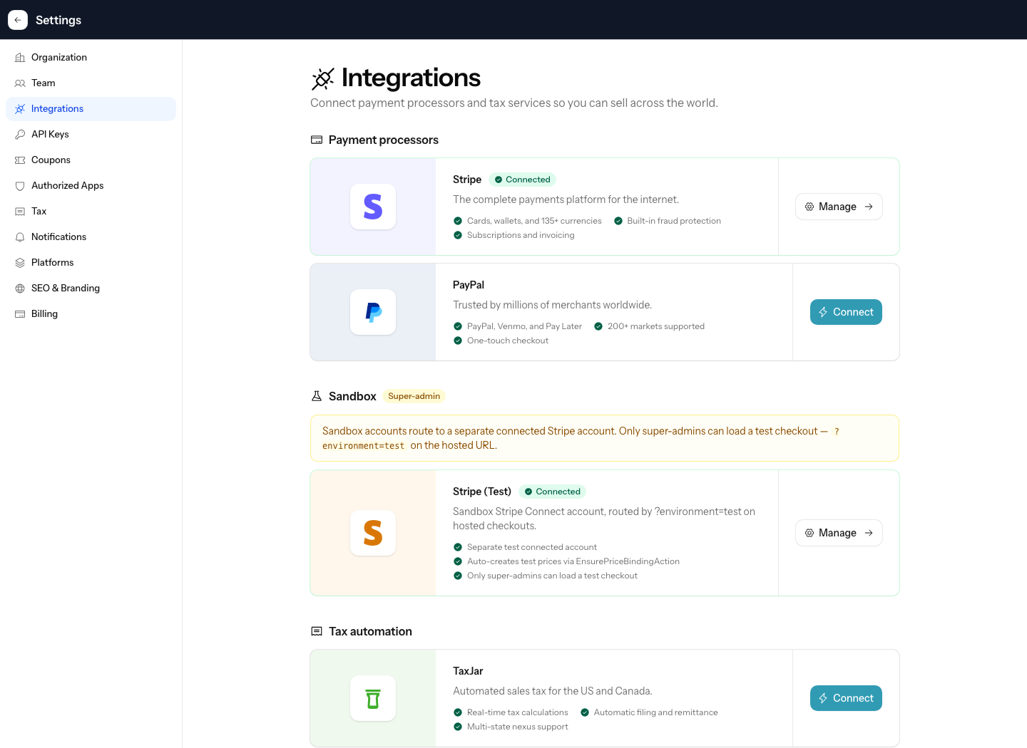 The Numi integrations settings page showing connected commerce, tax, and workflow tools.