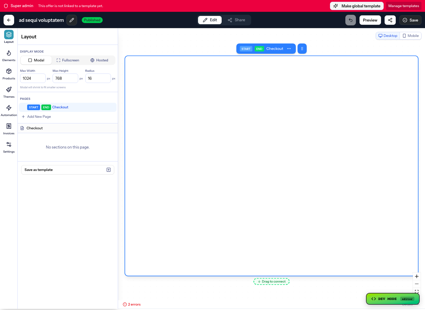The Numi offer editor with product, theme, automation, invoice, and checkout controls.
